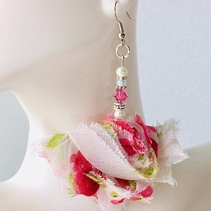 Floral Statement Earrings with Pink Crystals, Multicolor Earrings, Wear Pink Day